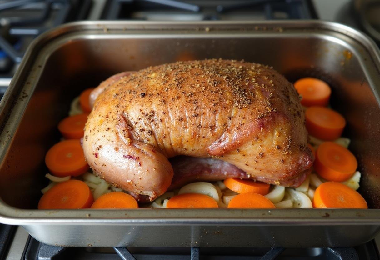 Bratenpfanne mit Gemüsestücken und Fleischbrühe als Unterlage für den Schweinebraten