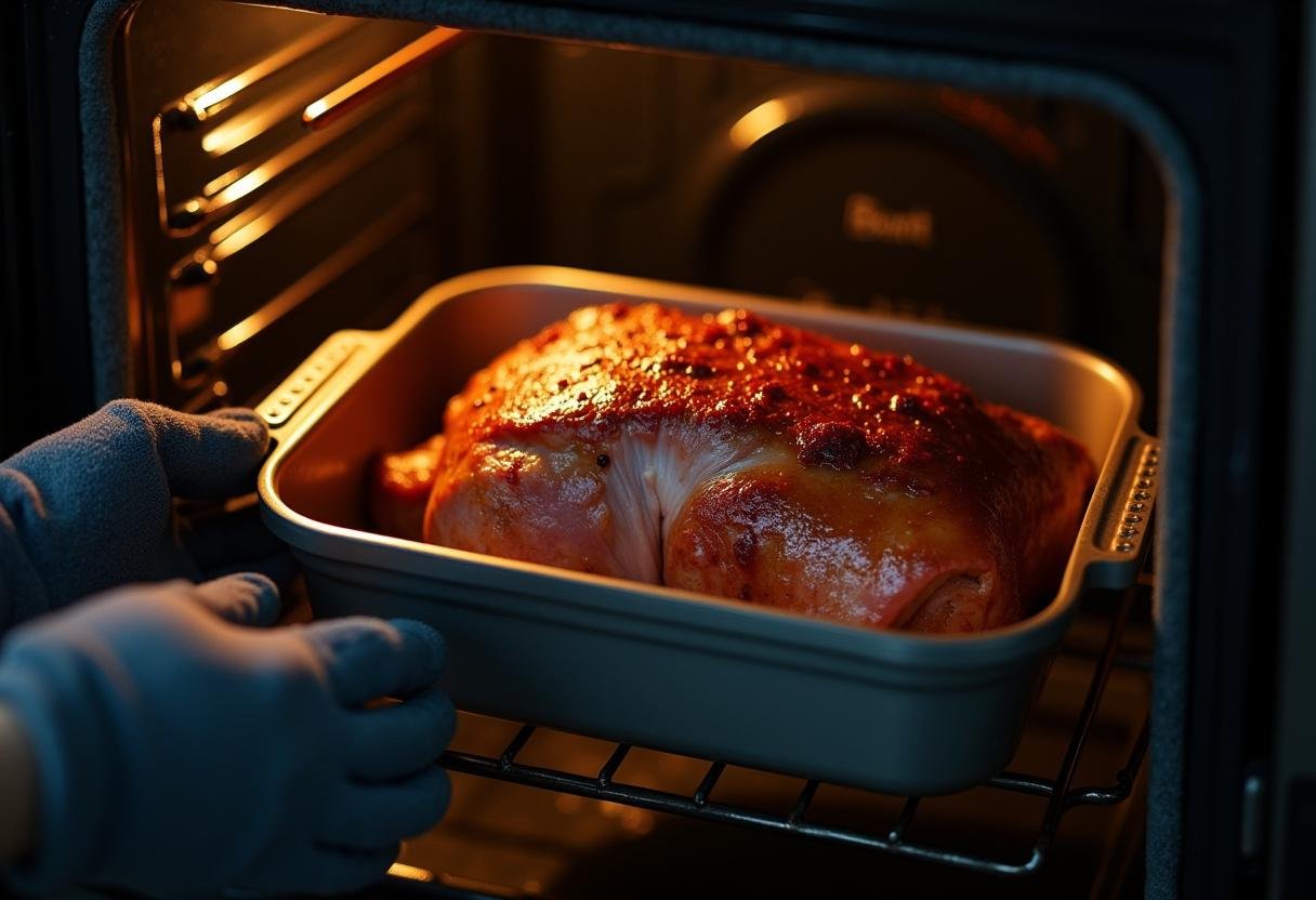 Schweinekrustenbraten im Ofen mit goldbrauner Kruste während des Garprozesses