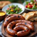 Servierte Thüringer Rostbratwürste mit Beilagen bei einem Sommergrill.