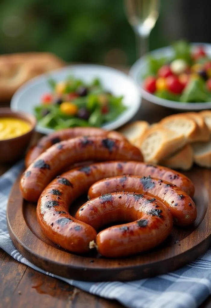 Servierte Thüringer Rostbratwürste mit Beilagen bei einem Sommergrill.