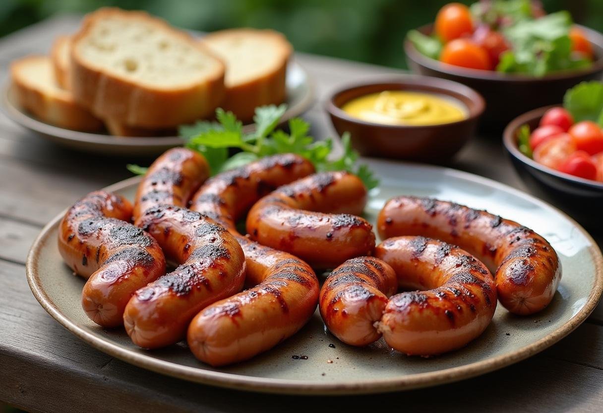 Servierte Thüringer Rostbratwürste mit Beilagen bei einem Sommergrill.