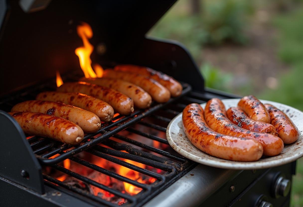 Vorbereiten des Grills für Thüringer Rostbratwürste mit Kräutern.