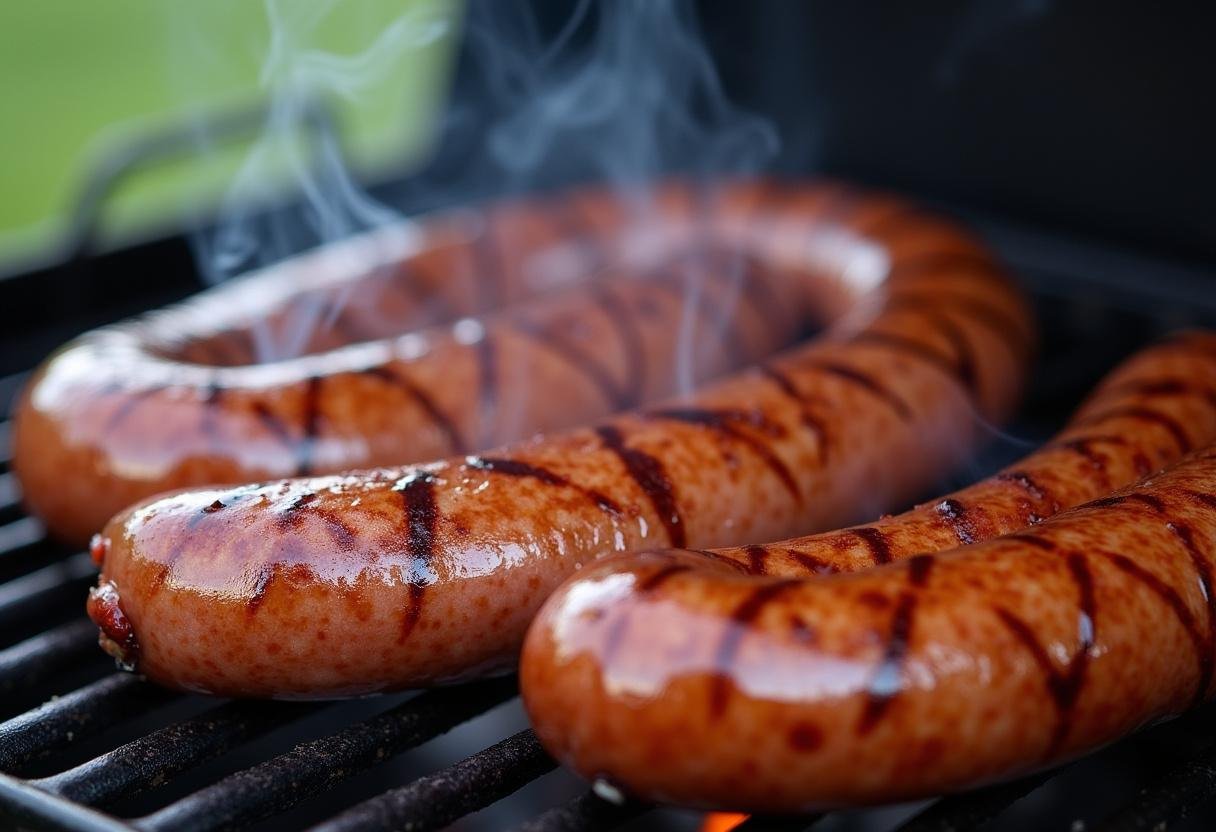 Thüringer Rostbratwürste, die auf einem Grill zubereitet werden, mit typischen Grillspuren.