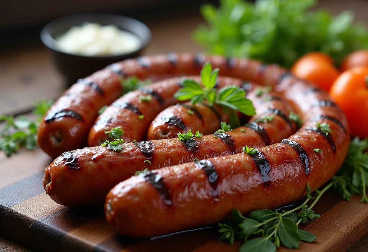 Gegrillte Thüringer Rostbratwürste, die auf einer Servierplatte angerichtet sind, mit frischen Kräutern garniert.