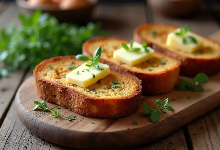 Krustig geröstete Schwarzbrotscheiben mit Butter und frischen Kräutern serviert.