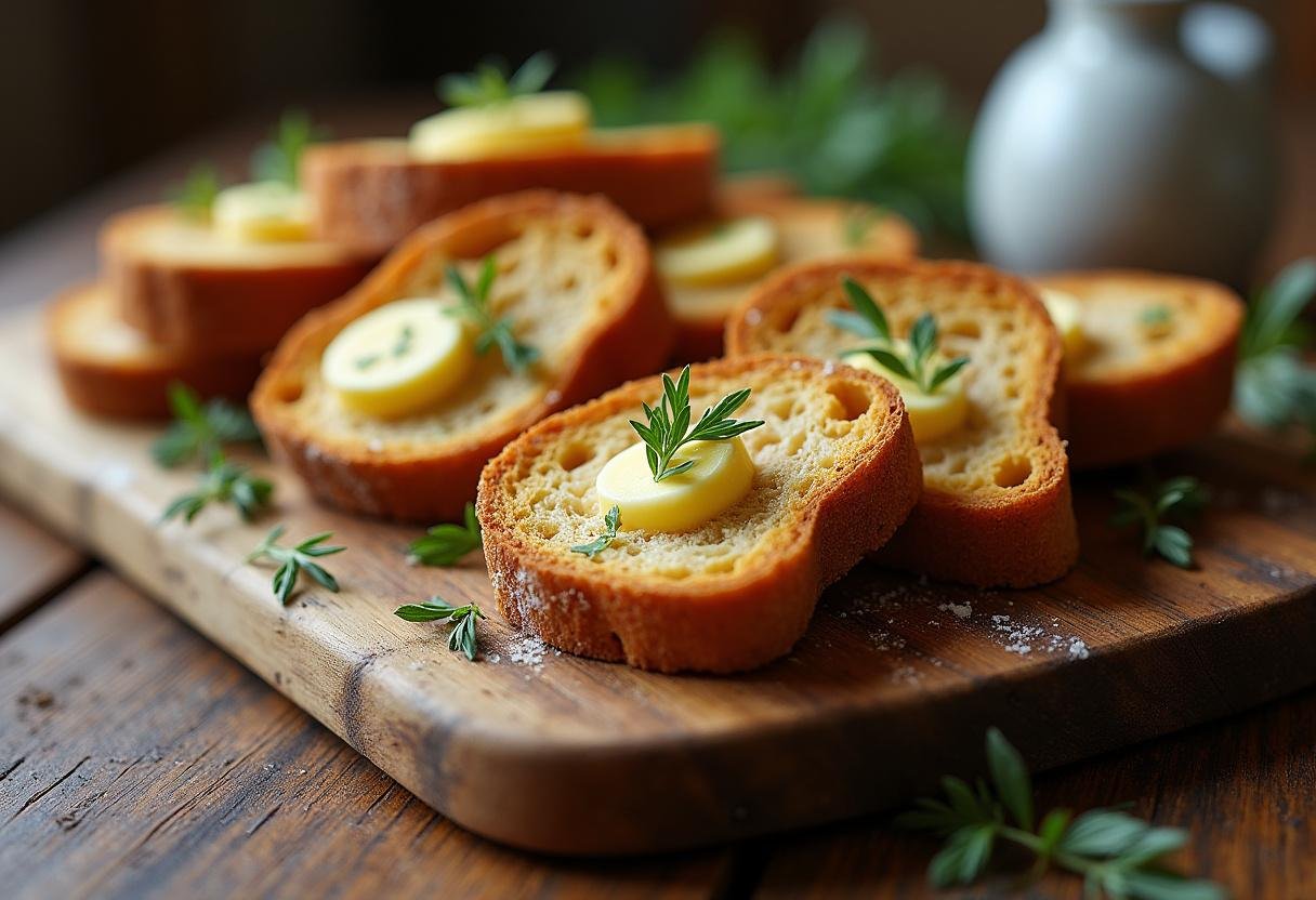 Krustig geröstete Schwarzbrotscheiben mit Butter und frischen Kräutern serviert.