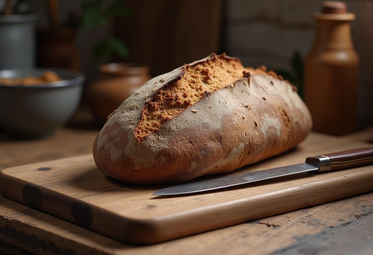 Dunkles Roggenbrot auf einem Schneidebrett für eine krustige Schwarzbrotvariation.
