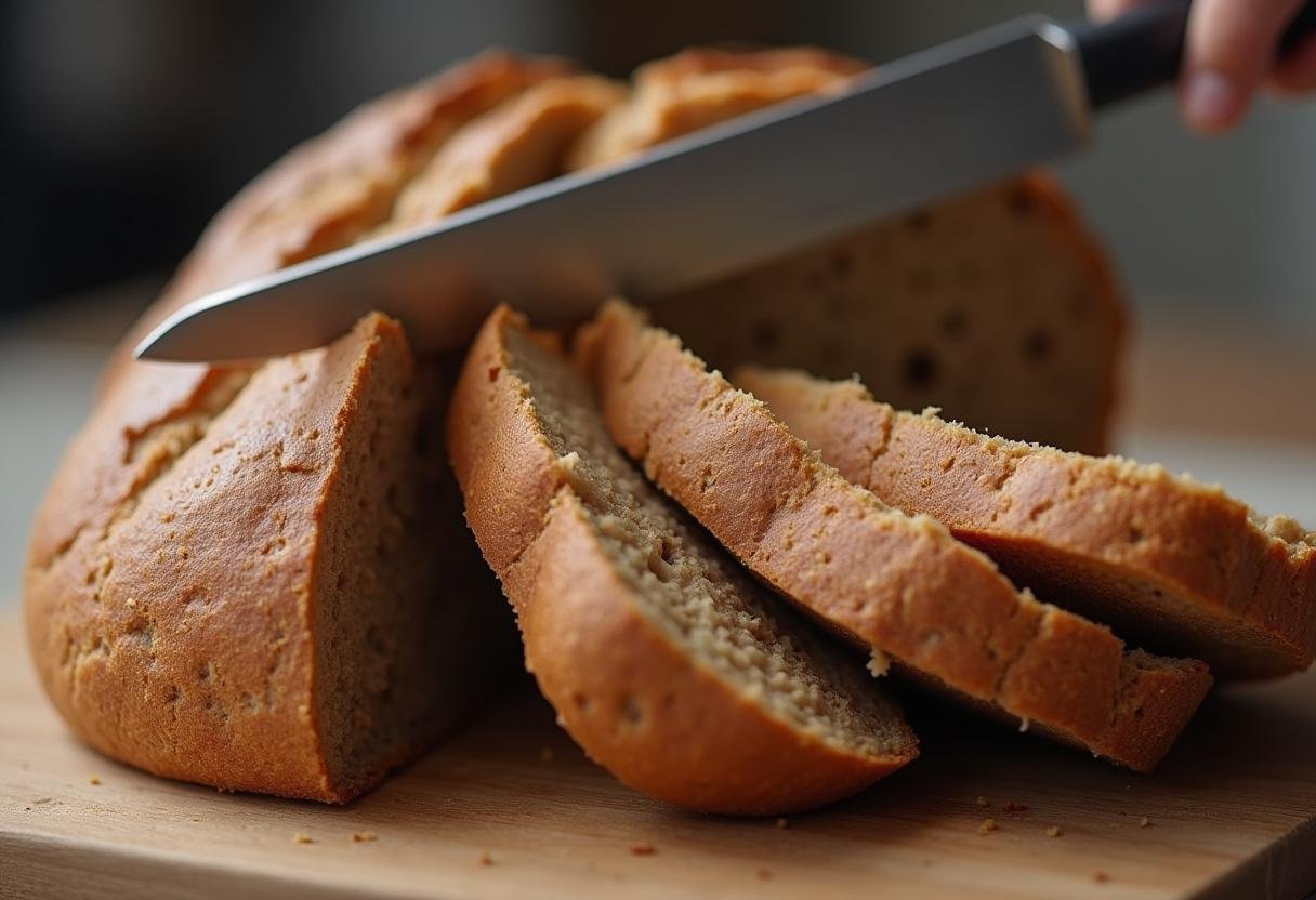 Dunkles Roggenbrot wird in dicke Scheiben geschnitten für eine krustige Schwarzbrotvariation.
