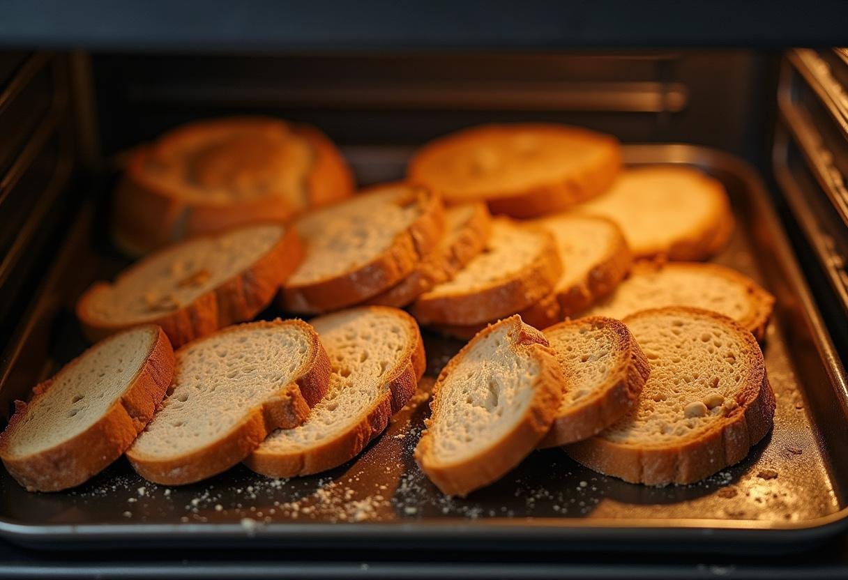 Geschnittenes Roggenbrot auf einem Backblech für das Rösten im Ofen.