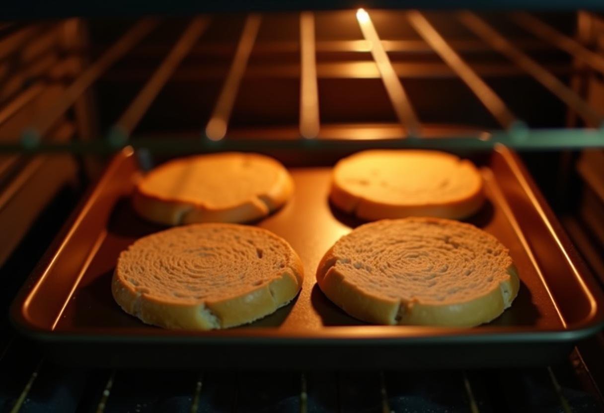 Backblech mit Roggenbrotscheiben wird in den vorgeheizten Ofen geschoben.