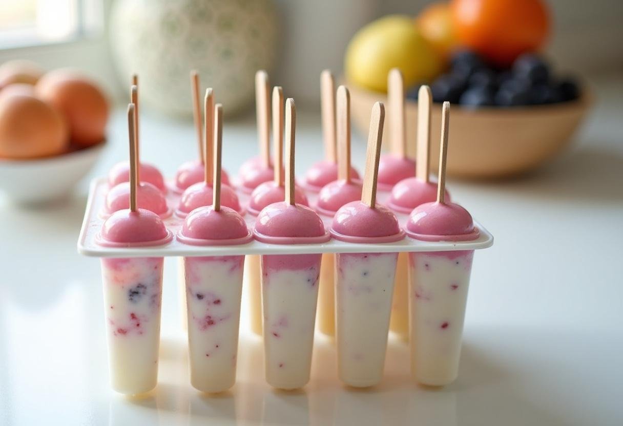 Filled ice pop molds prepared for freezing in the eis am stiel selber machen process.