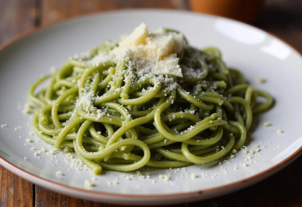 Finished Pasta mit grünem Spargel beautifully presented with pesto and Parmesan cheese.