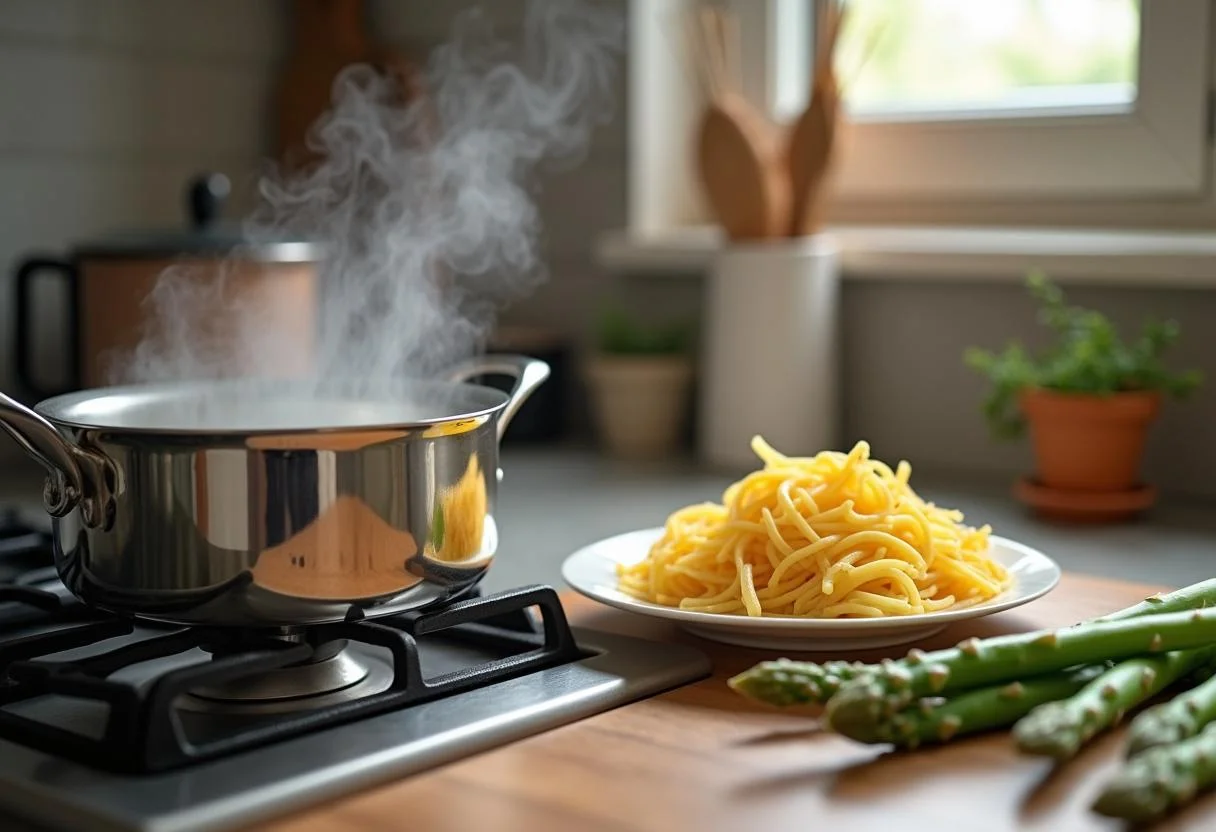 Ungekochte Pasta und frischer grüner Spargel, vorbereitet für die Zubereitung von Pasta mit grünem Spargel.