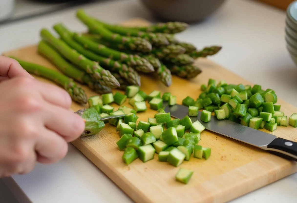 Zuschneiden und Schneiden von grünem Spargel zur Vorbereitung von Pasta mit grünem Spargel.