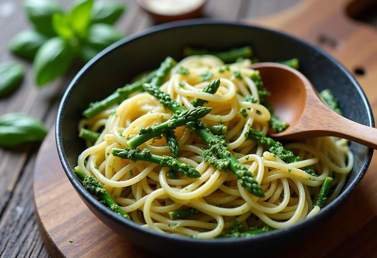 Frisch gekochte Pasta mit grünem Spargel und Pesto für Pasta mit grünem Spargel vermischen.