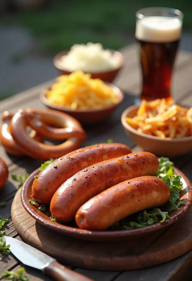 Fertige Rauchige Biergartenbratwürste mit Biersoße, ideal für ein Sommerfest im Freien.