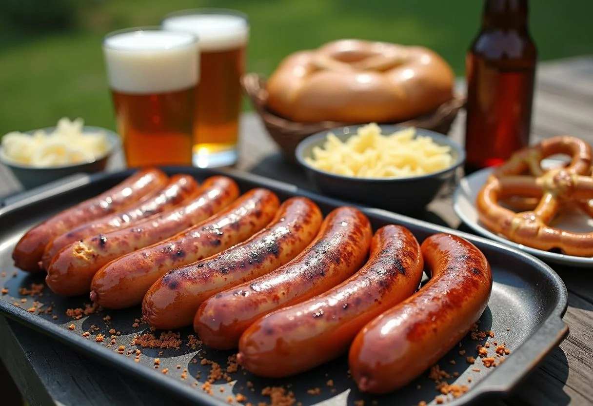 Fertige Rauchige Biergartenbratwürste mit Biersoße, ideal für ein Sommerfest im Freien.