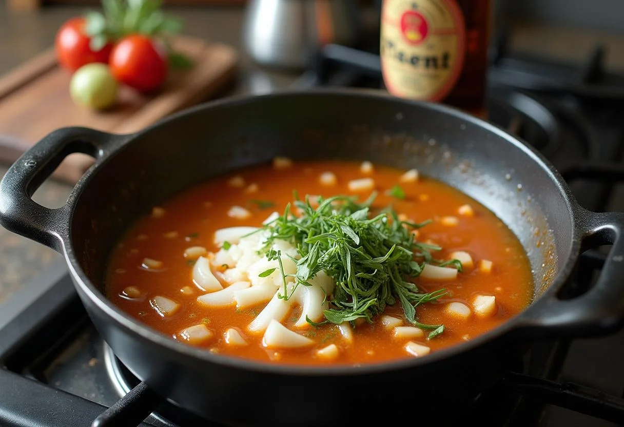 Zutaten für die Biersoße in einem Topf, bereit zum Kochen für Rauchige Biergartenbratwürste.