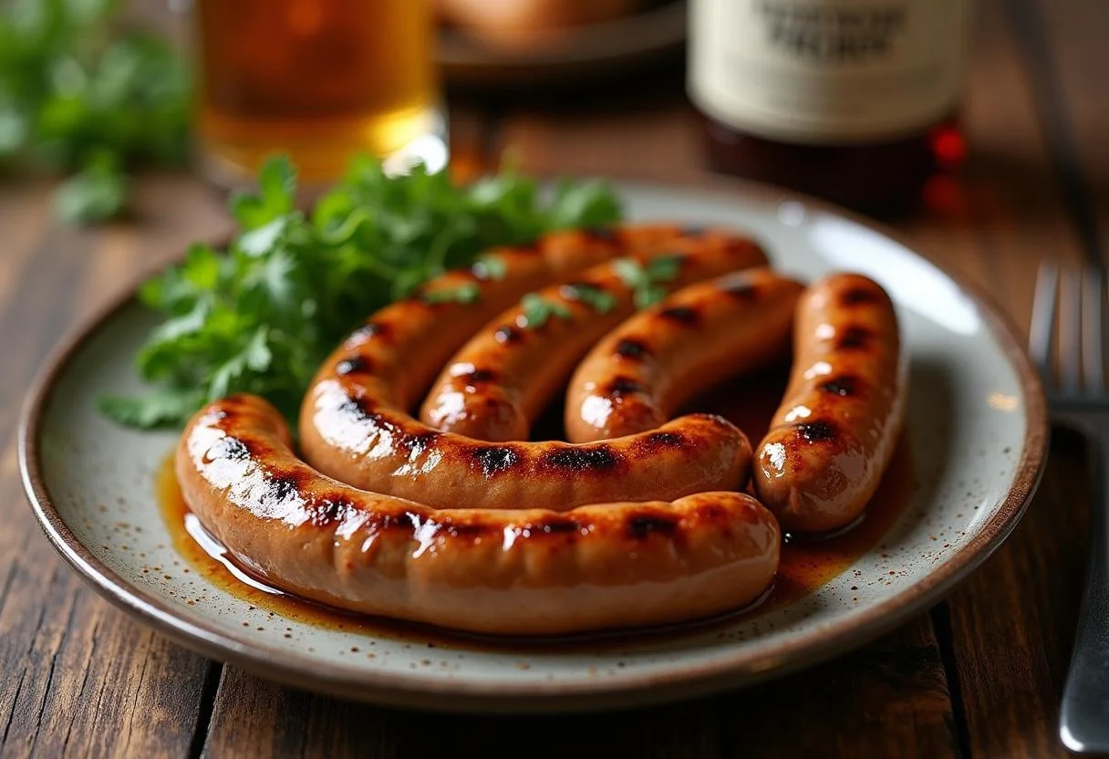Rauchige Biergartenbratwürste mit Biersoße auf einem rustikalen Tisch angerichtet.