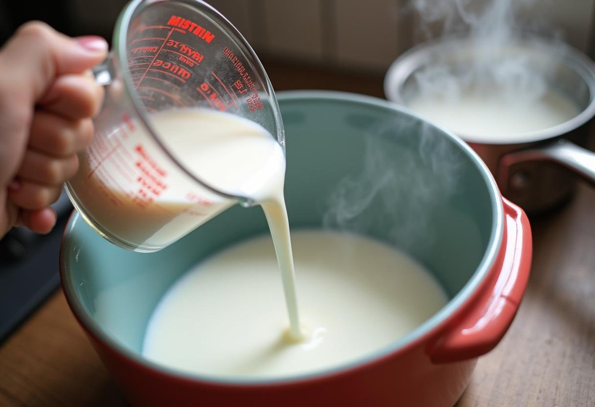 Warme Milch wird in die Mohnkuchen-Mischung gegossen.
