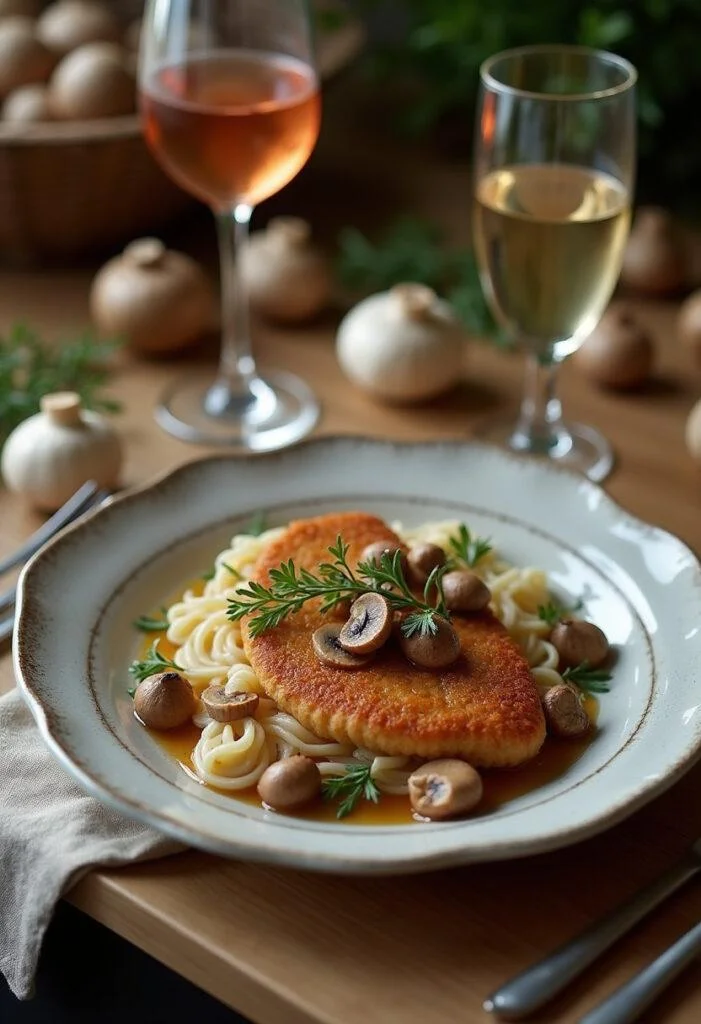 Finished Rich and Creamy Rahmschnitzel with Mushroom Sauce, ready for an elegant dining experience.