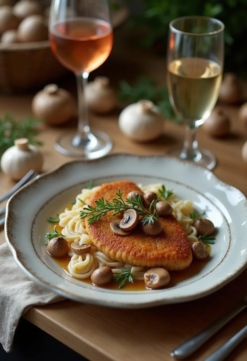 Finished Rich and Creamy Rahmschnitzel with Mushroom Sauce, ready for an elegant dining experience.