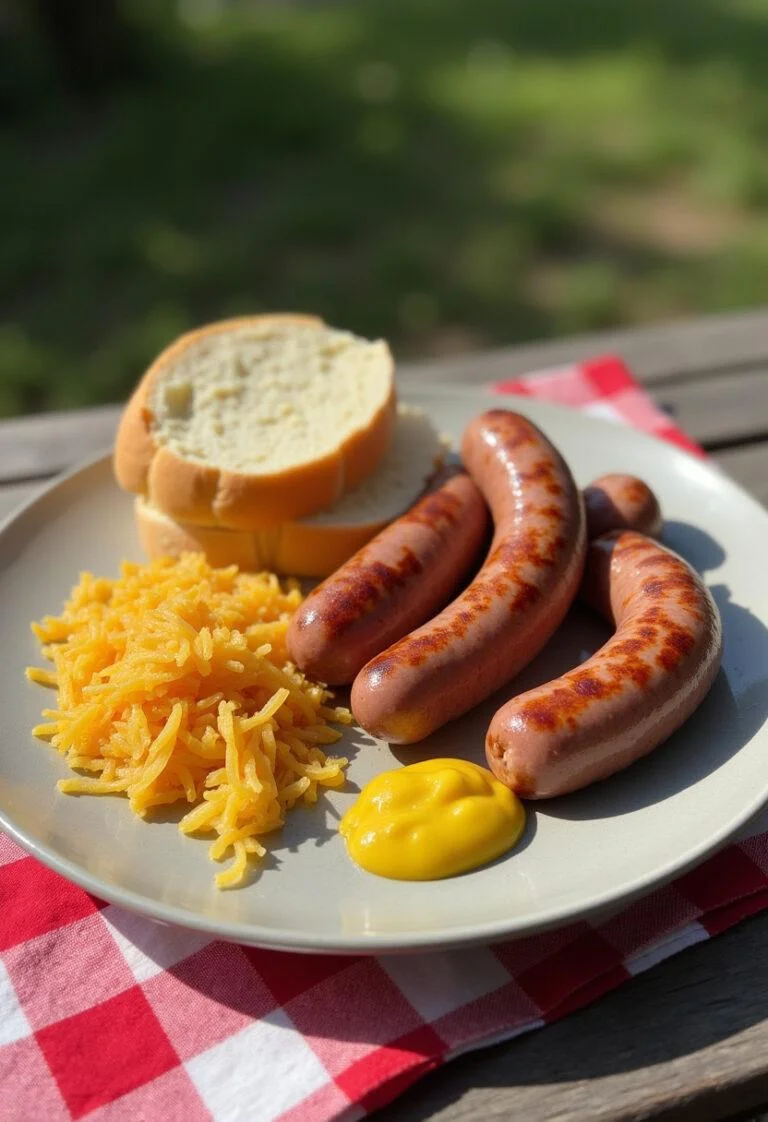 Fertiges Gericht mit rauchigen Bockwürsten, Sauerkraut und Senf, ideal für ein Sommerpicknick.