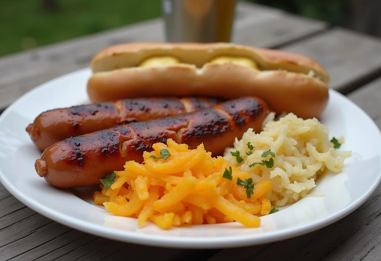 Fertiges Gericht mit rauchigen Bockwürsten, Sauerkraut und Senf, ideal für ein Sommerpicknick.