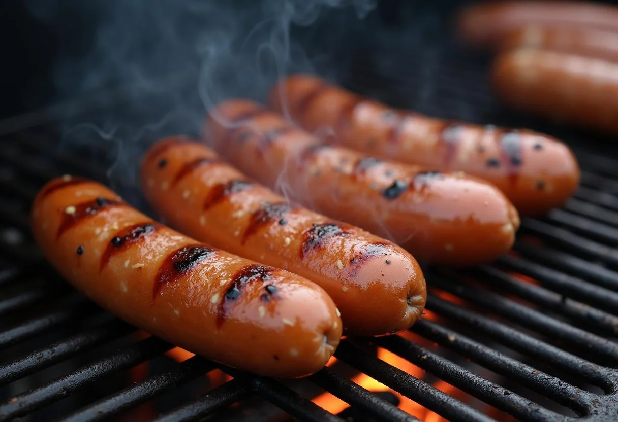 Rauchige Bockwürste brutzeln auf dem Grill für ein köstliches Gericht.