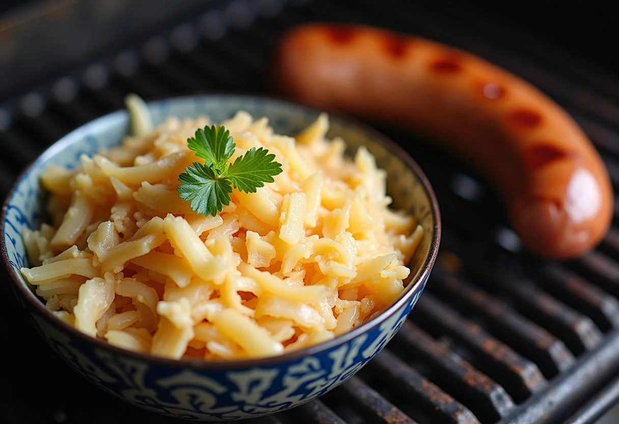 Frisch zubereitetes Sauerkraut als Beilage für die Bockwürste.