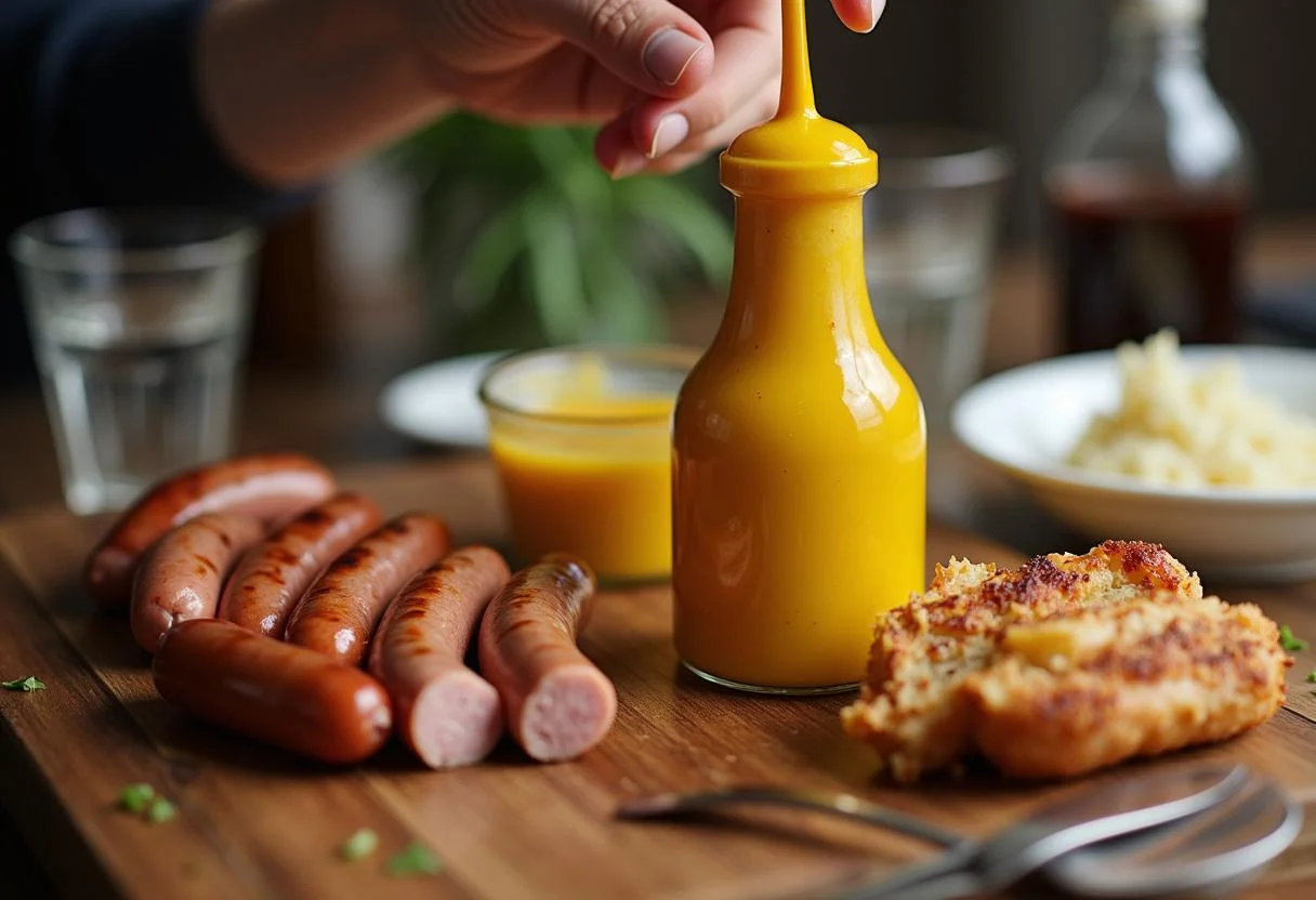 Würzige Senfflasche geöffnet für die perfekte Ergänzung zu Bockwürsten.