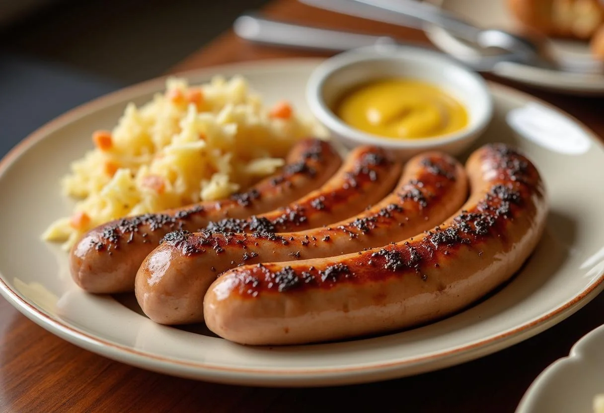 Anrichten von Bockwürsten, Sauerkraut und Senf auf einem Servierteller.