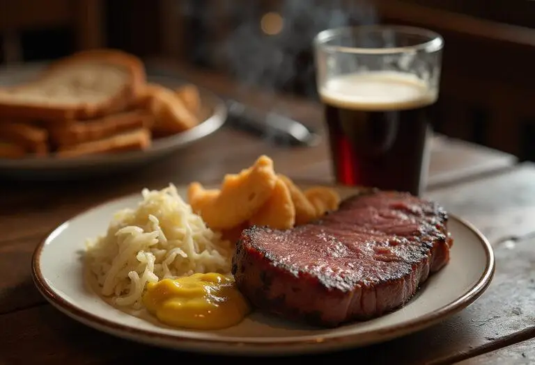 Traditional German Smoky Eisbein with sauerkraut and mustard, served with dark beer for an authentic dining experience.