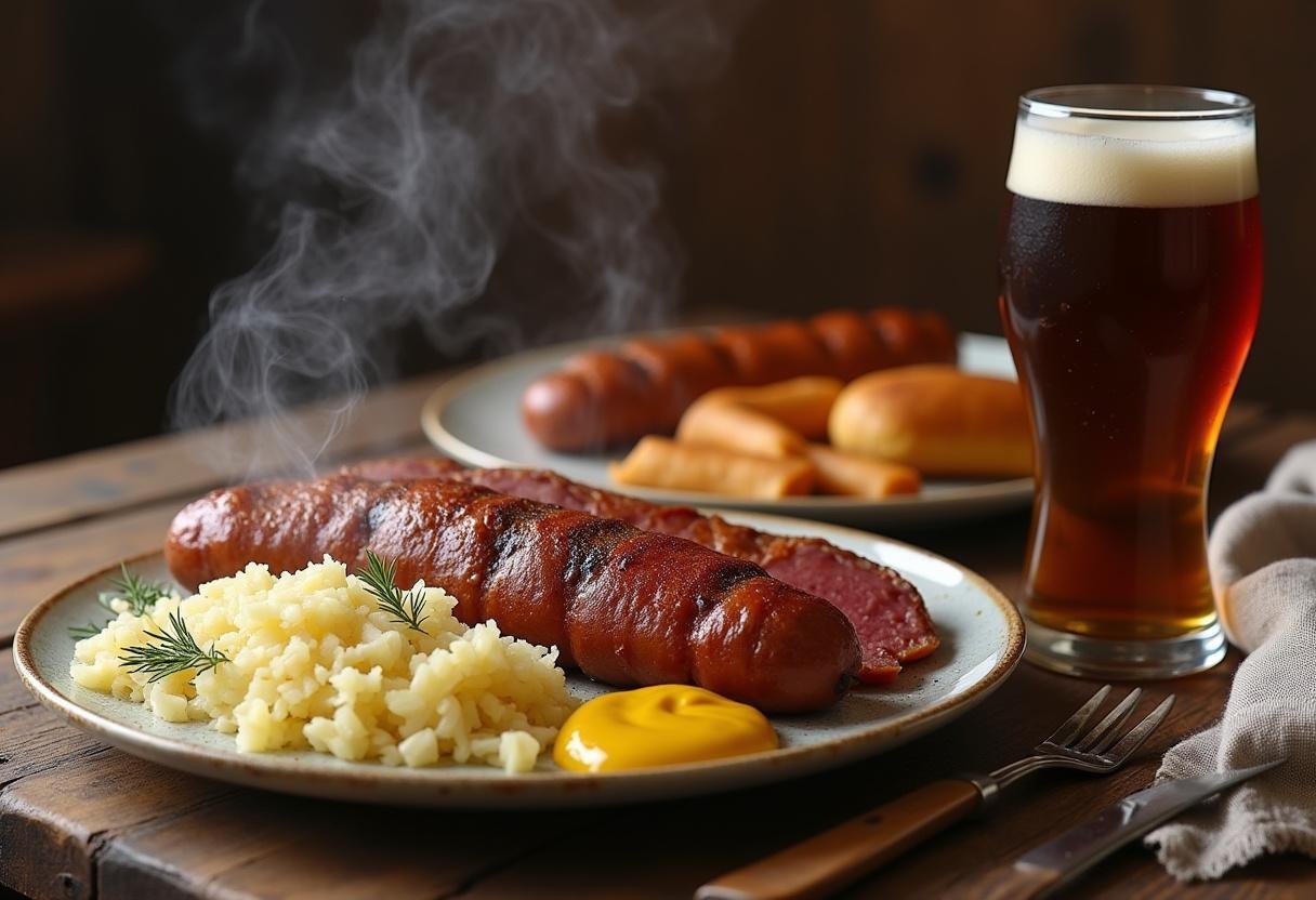 Traditionelles deutsches rauchiges Eisbein mit Sauerkraut und Senf, serviert mit dunklem Bier für ein authentisches Geschmackserlebnis.