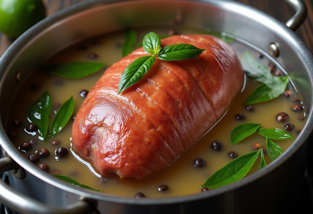 Geräucherte Schweinshaxe (Eisbein) köchelt im Topf mit Lorbeerblättern und Pfefferkörnern für ein traditionelles deutsches Gericht.