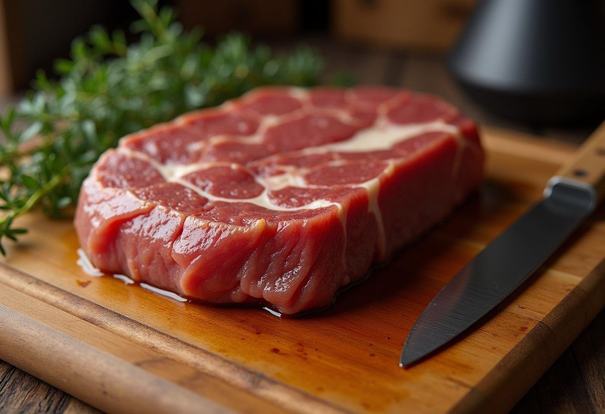 Gekochte geräucherte Schweinshaxe (Eisbein) auf einem Schneidebrett, vorbereitet für das Rösten nach traditionellem deutschen Rezept.