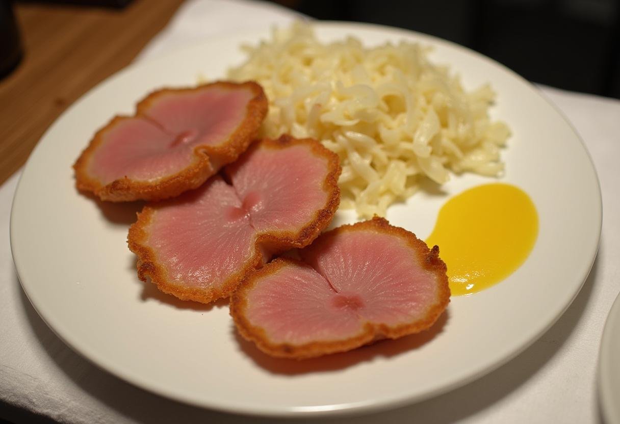 Angeschnittenes knuspriges Eisbein serviert mit Sauerkraut und Senf, ein klassisches deutsches Gericht.