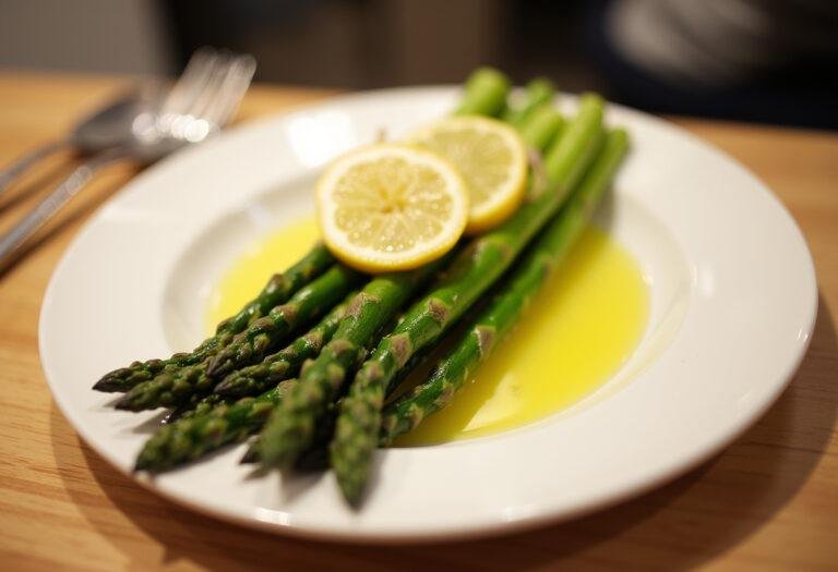 Fertig gekochter Spargel serviert mit Olivenöl und Zitronenscheiben, ideal für jedes Gericht.
