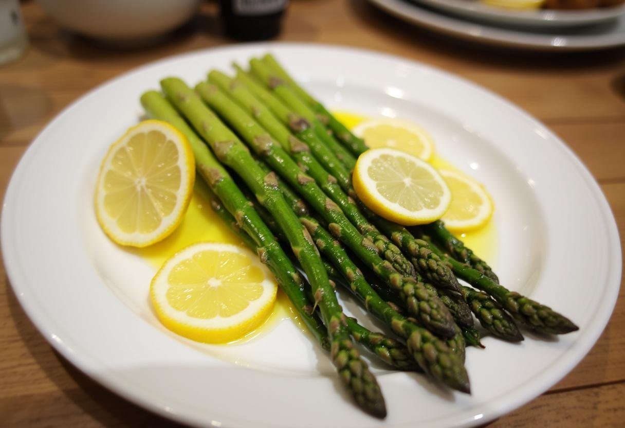 Fertig gekochter Spargel serviert mit Olivenöl und Zitronenscheiben, ideal für jedes Gericht.