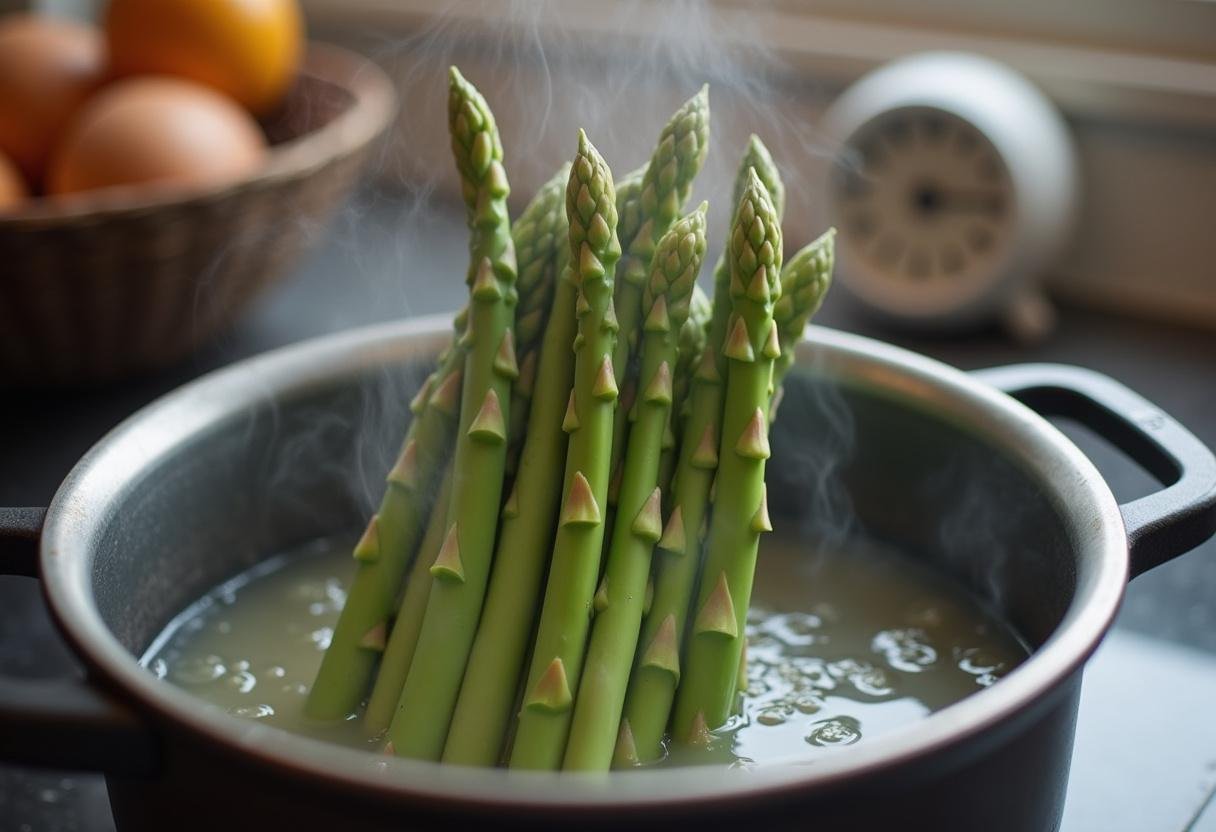 Spargel wird in kochendes Wasser gegeben, um Spargel richtig zu kochen.