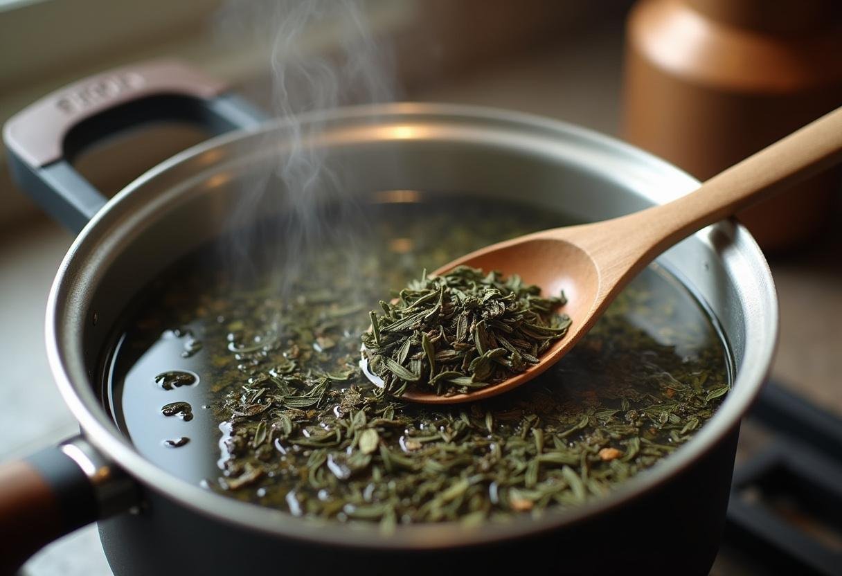Tee zubereiten: Wasser kocht mit Fenchel, Kümmel und Anis für ihre Wirkung.