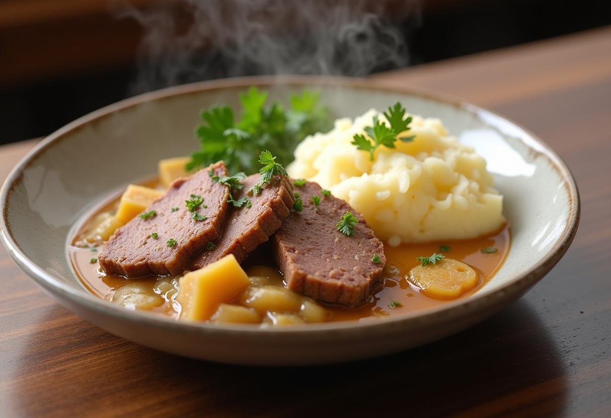 Fertiges Sauerkraut-Rindfleisch mit Kartoffelpüree, garniert mit frischer Petersilie, serviert zum Genießen.