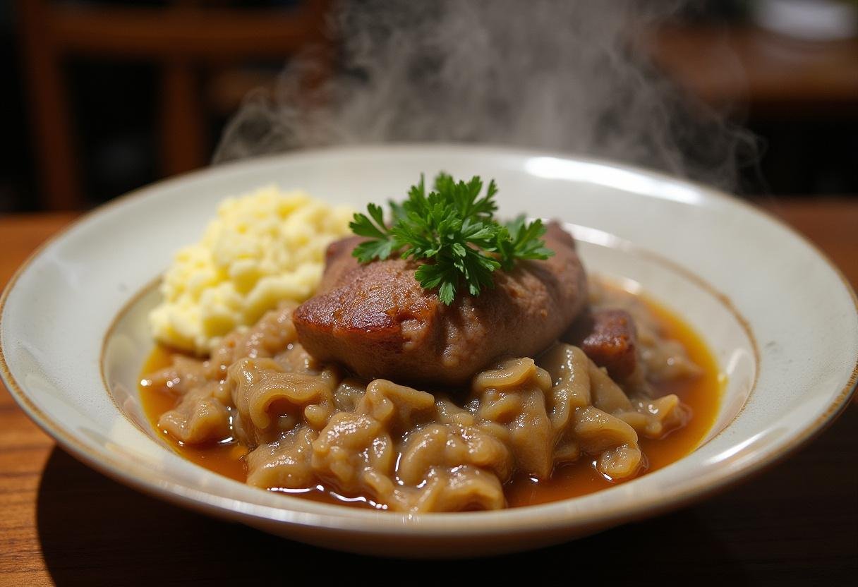 Fertiges Sauerkraut-Rindfleisch mit Kartoffelpüree, garniert mit frischer Petersilie, serviert zum Genießen.