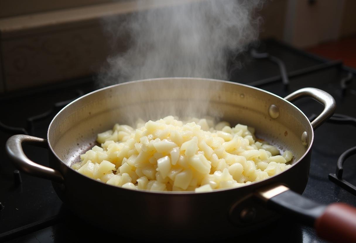 Zwiebeln und Knoblauch werden in einem Topf angebraten für das ultimative Sauerkraut-Rindfleisch-Erlebnis.