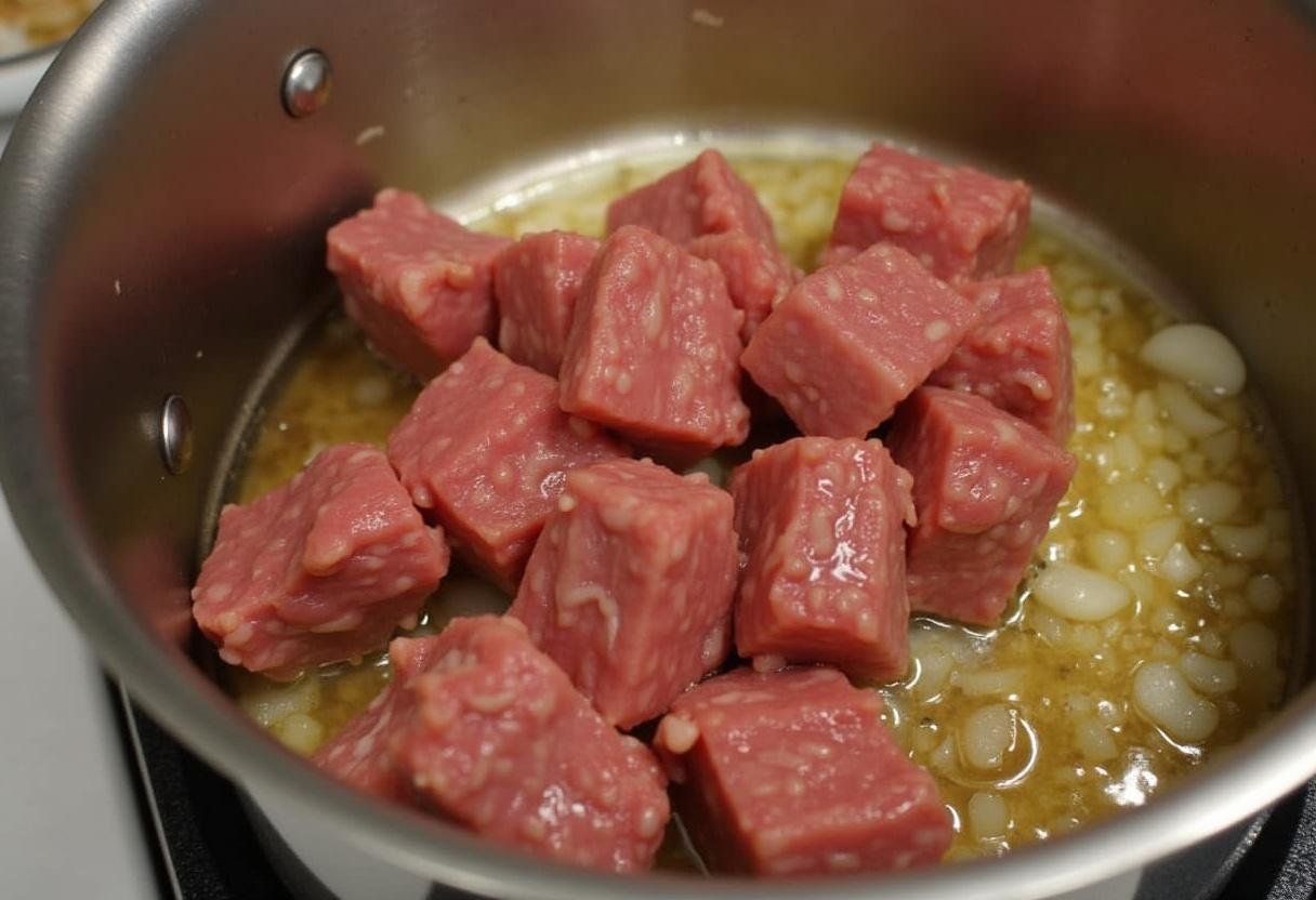 Rindfleischstücke werden zum angebratenen Zwiebel-Knoblauch-Mix gegeben für das Sauerkraut-Rindfleisch-Gericht.