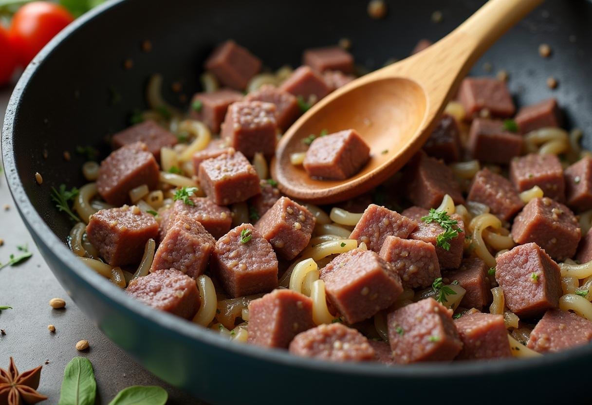 Rindfleisch wird mit Gewürzen wie Kümmel und Lorbeerblättern angebraten für das Sauerkraut-Rindfleisch-Rezept.