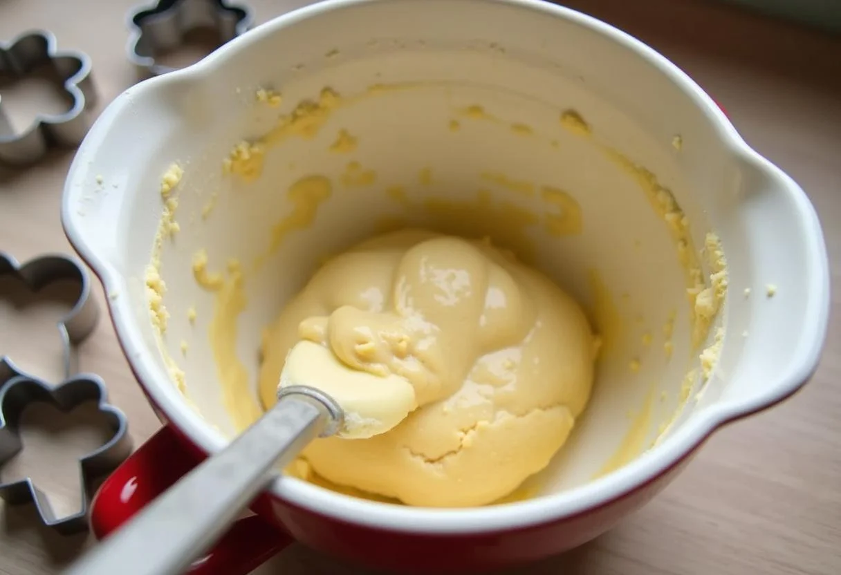 Mischen des Teigs für samtige Vanillekipferl, die die Cremigkeit der Mischung zeigen.