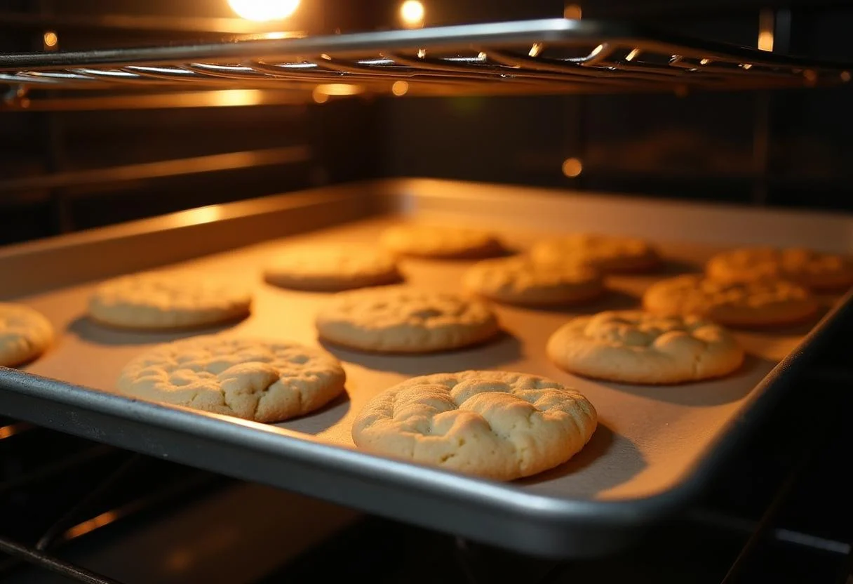 Backblech mit frisch gebackenen Vanillekipferl-Plätzchen, die nach dem Backen abkühlen.