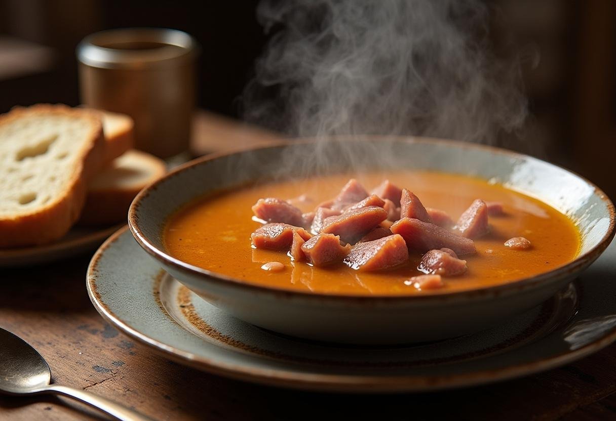 Hearty Erbsensuppe with smoked ham served with crusty bread, perfect for cold days.