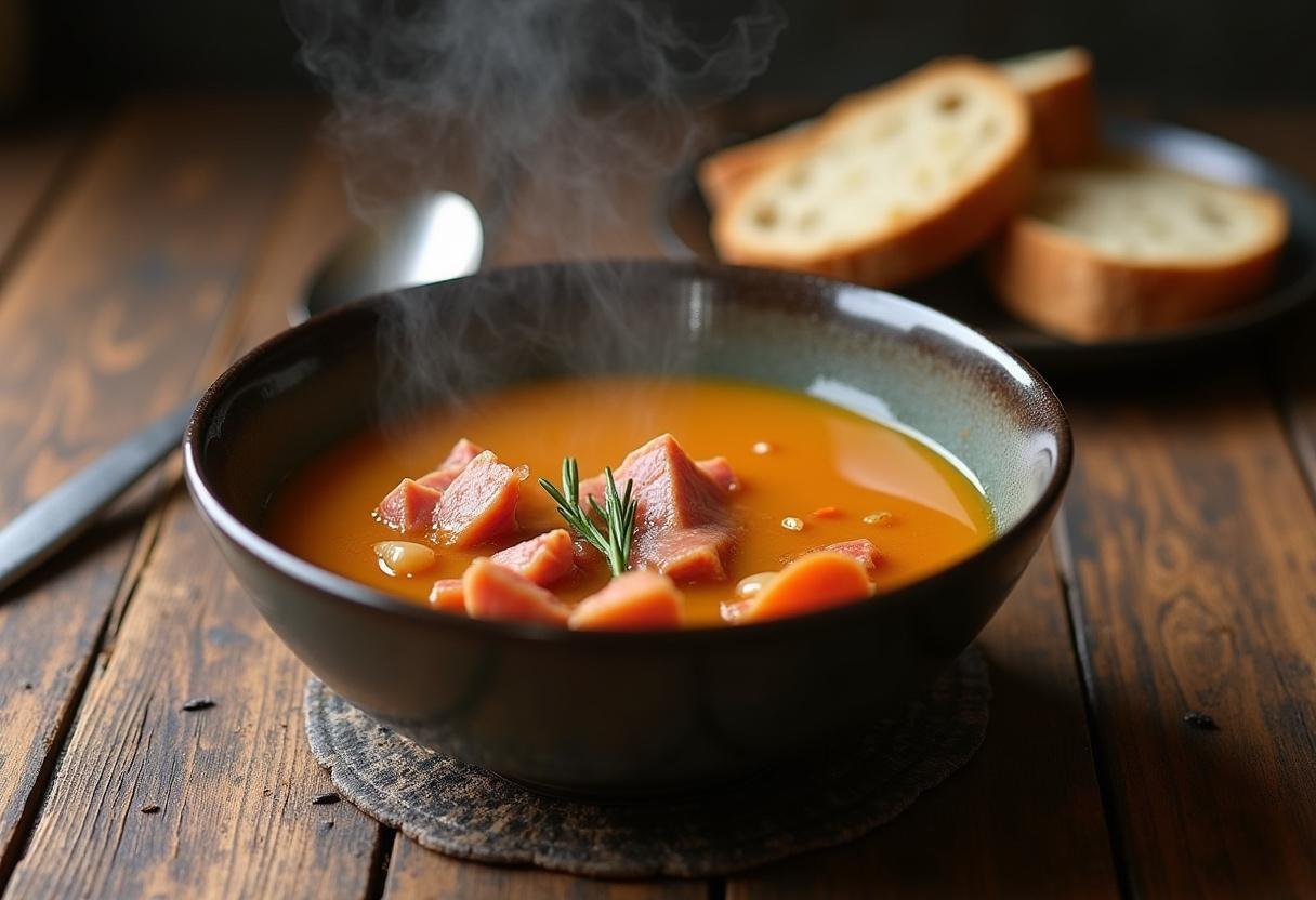 Herzhafte Erbsensuppe mit geräuchertem Schinken und knusprigem Brot, ideal für kalte Tage.